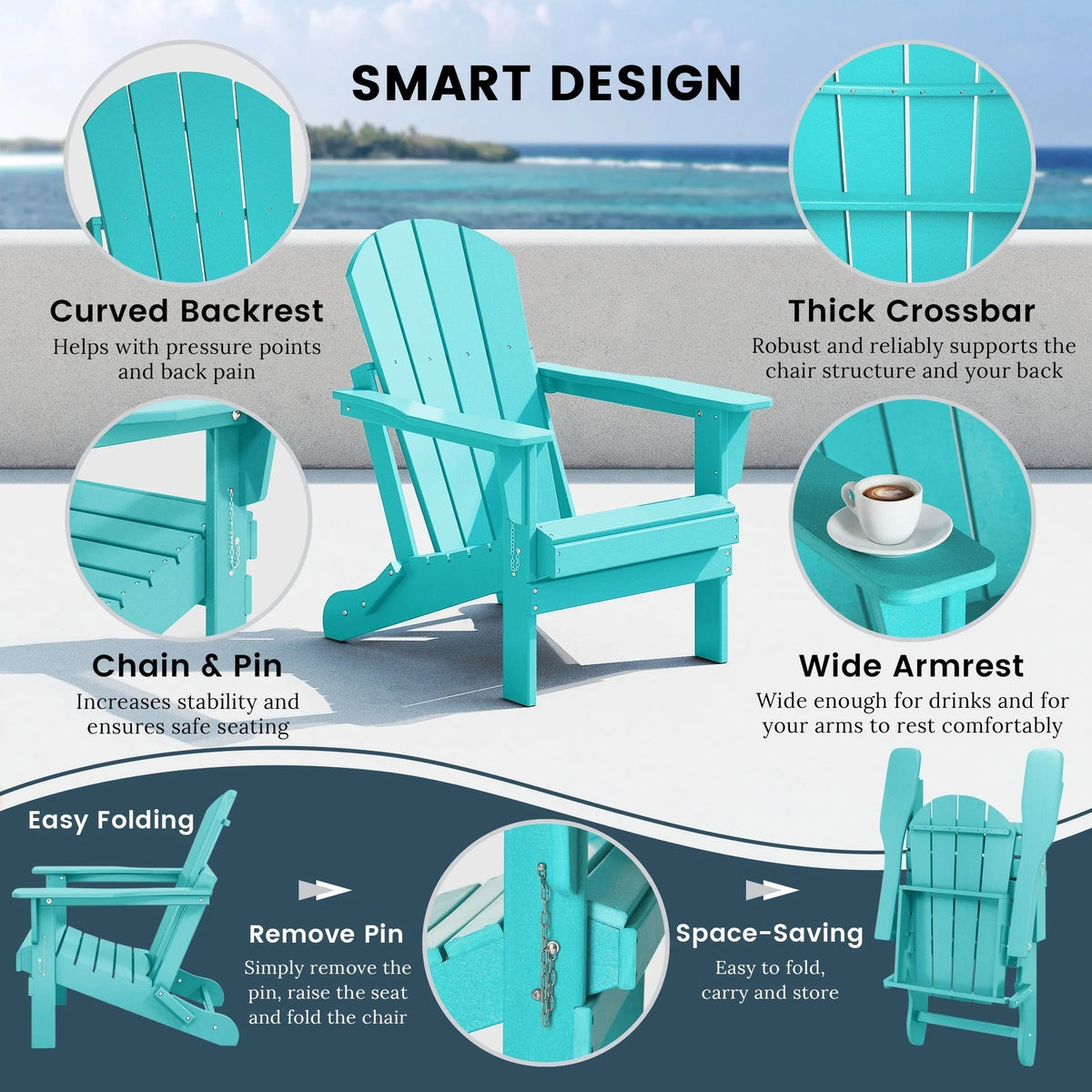 Polytrends Laguna Faltbarer Adirondack-Stuhl für den Außenbereich, wetterfest und lichtbeständig