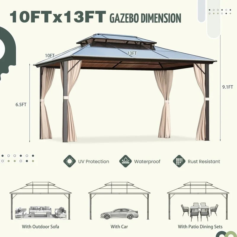EROMMY Hardtop-Pavillon, Outdoor-Pergola mit Doppeldach & Netzen & Vorhängen, Hochleistungs-Canopy für Terrasse, Garten, Poolparty