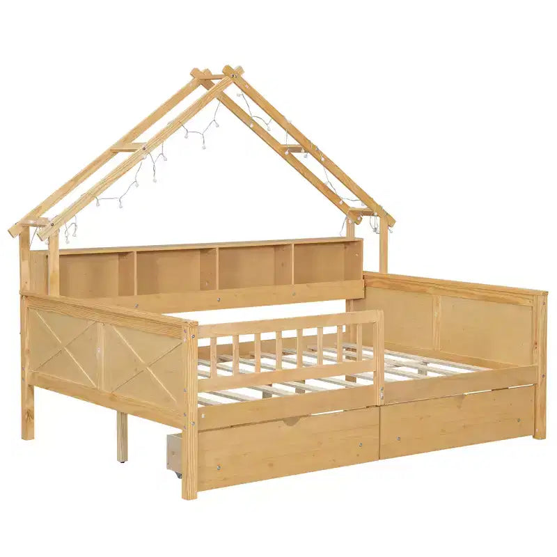 Hausbettgestell in voller Größe mit Schubladen, Haus-Plattformbett mit LED-Beleuchtung, Ablagefächern und Schubladen, Tagesbett aus Holz mit Dach und Geländer