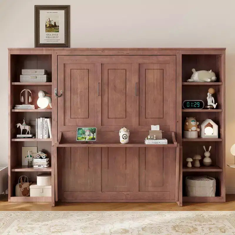 Wandklappbett für Doppel-/Queensize-Betten, platzsparendes Wandbett mit Schreibtisch und Bücherregal, Dunkelbraun – ModernLuxe