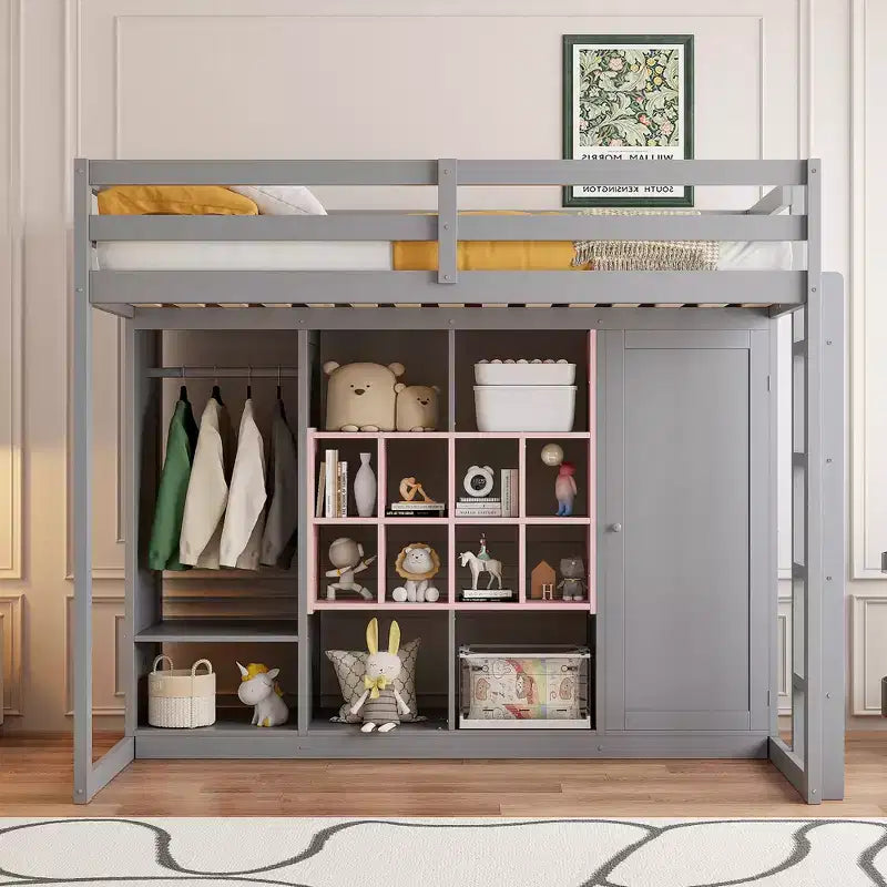 Hochbett für Kinder mit Kleiderschrank und Regalen, Holz-Hochbettgestell mit Aufbewahrungsschrank für Kinder und Jugendliche