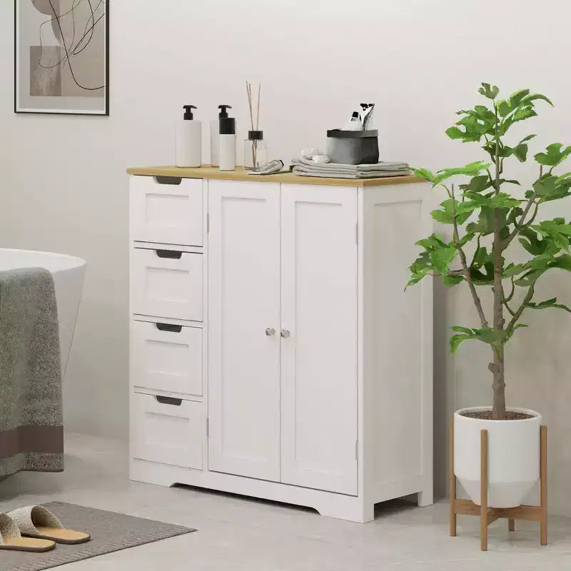 HOMCOM Badschrank mit verstellbarem Regal, freistehender Badezimmer-Aufbewahrungsschrank mit 4 Schubladen und 2 Türen, Weiß
