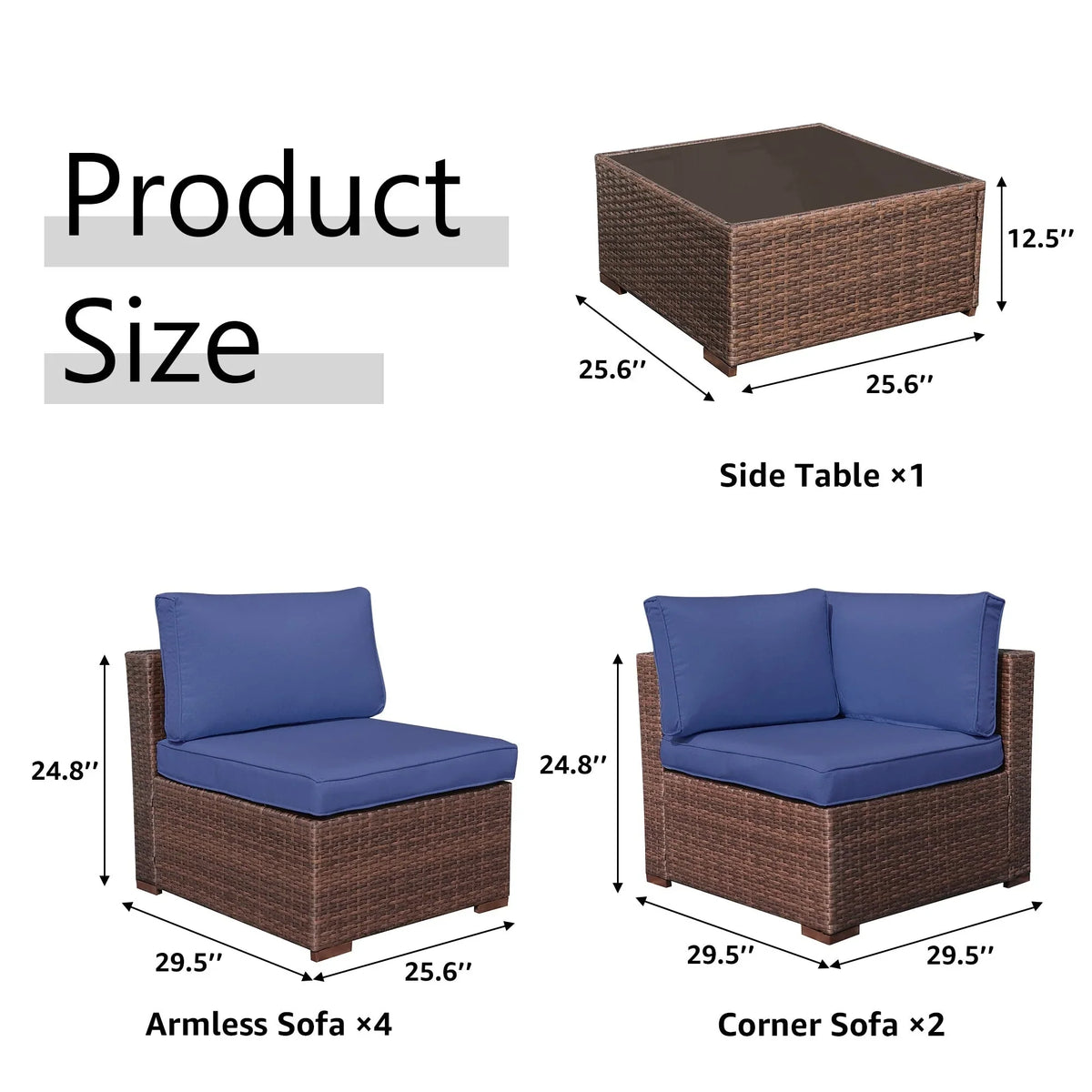 7-teiliges Outdoor-Sofa-Set aus Korbweide/Stahl mit Polstern