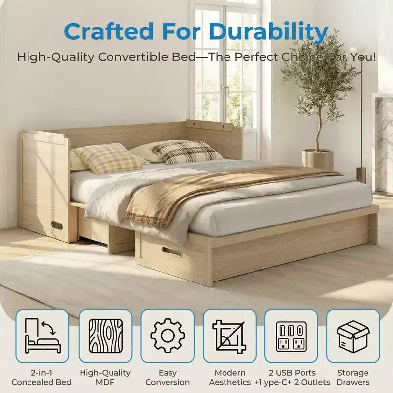 Mjkone Queen Size Wandelbares Murphy-Schrankbett mit USB-Ladefunktion, Schubladen, keine Matratze enthalten