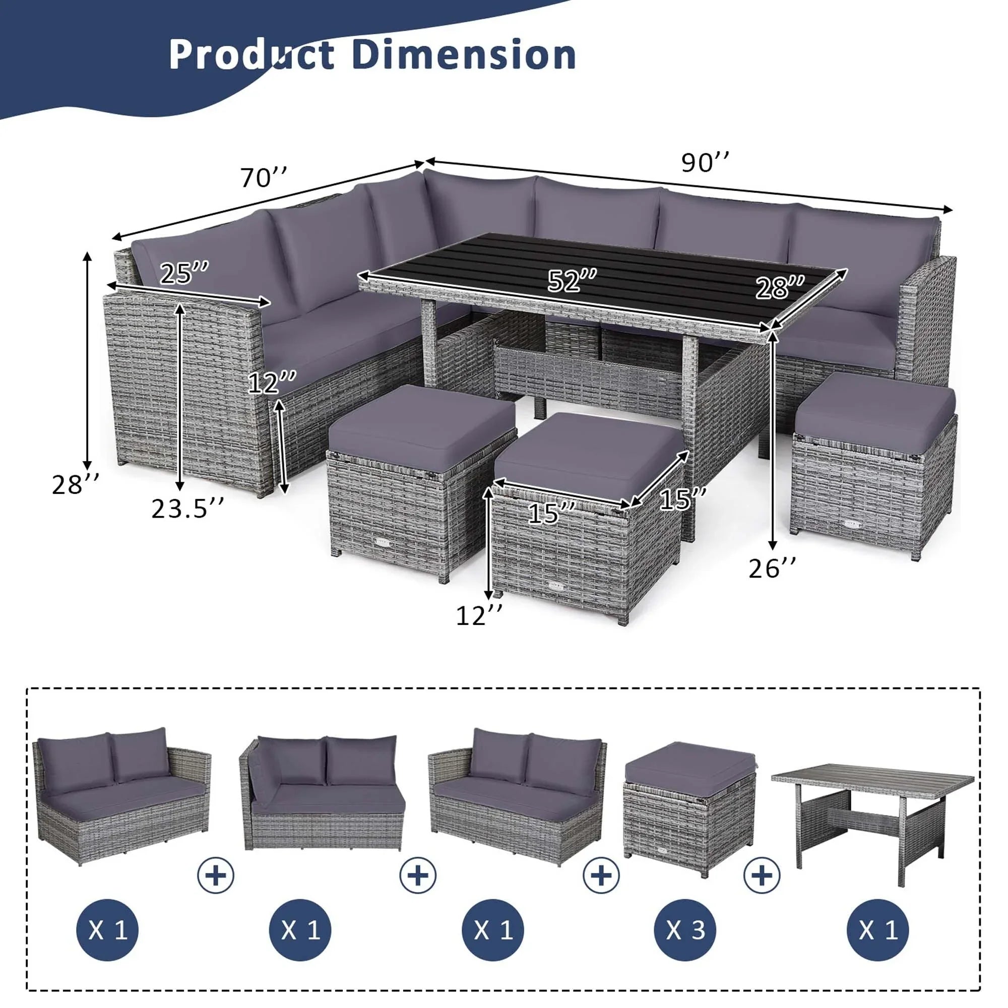 Costway 7-teiliges Terrassen-Essgruppe Rattan-Sofa Couch Ottomane – Details ansehen