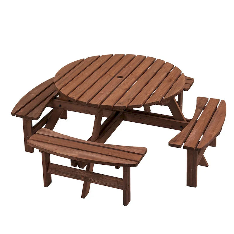 8-Personen Outdoor-Picknick-Esstisch-Garnitur aus Tannenholz, rund, mit 4 integrierten Bänken und Sonnenschirmloch