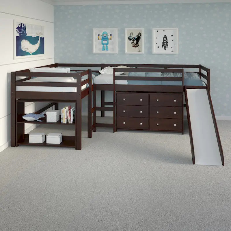 Doppeltes L-förmiges Etagenbett mit Rutsche und Schlafzimmermöbel-Set in dunklem Cappuccino