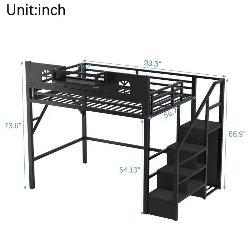 ModernLuxe Hochbett für Full/Queen-Betten mit Treppe und integriertem Kleiderschrank, Metallbettgestell mit LED-Beleuchtung, USB-Ladestation und Ablagefächern