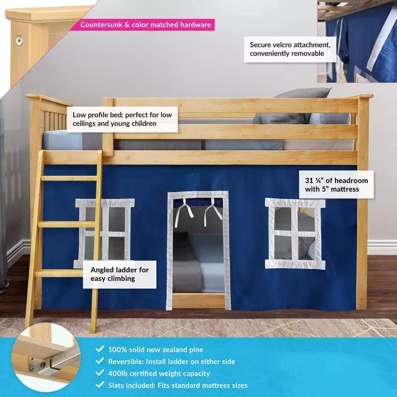 Max & Lily Twin-über-Twin Niedriges Etagenbett mit Vorhängen
