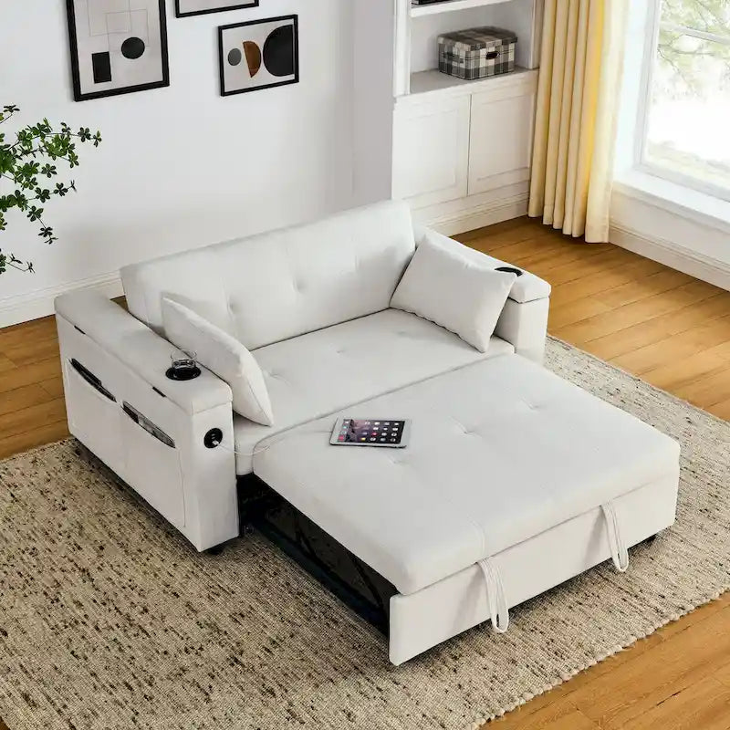 54 Schlafsofa zum Ausziehen, 2-Sitzer-Schlafsofa mit Stauraum, Lendenkissen, USB-Steckdose