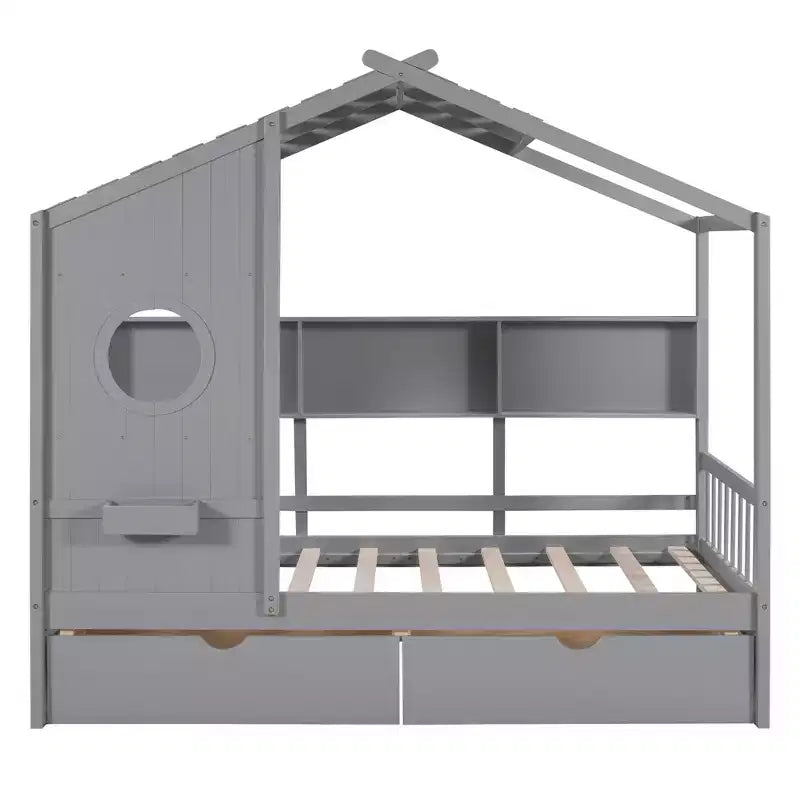 Hausbett aus Holz in Twin-/Full-Size mit 2 Schubladen, Kinderbett mit Ablageregal - ModernLuxe
