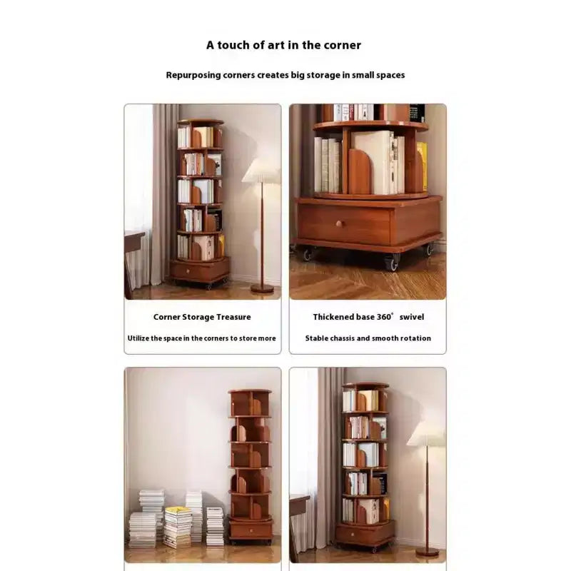 Chic Crate 6-stöckiges, um 360° drehbares Eckregal mit Rollen, schmales Bücherregal für kleine Räume, Nussbaumbraun