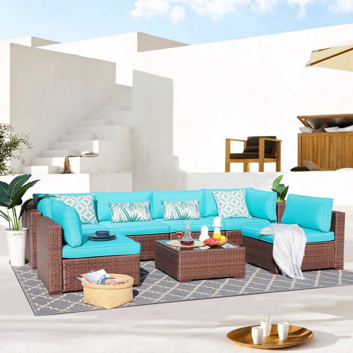 7-teiliges Outdoor-Sofa-Set aus Korbweide/Stahl mit Polstern