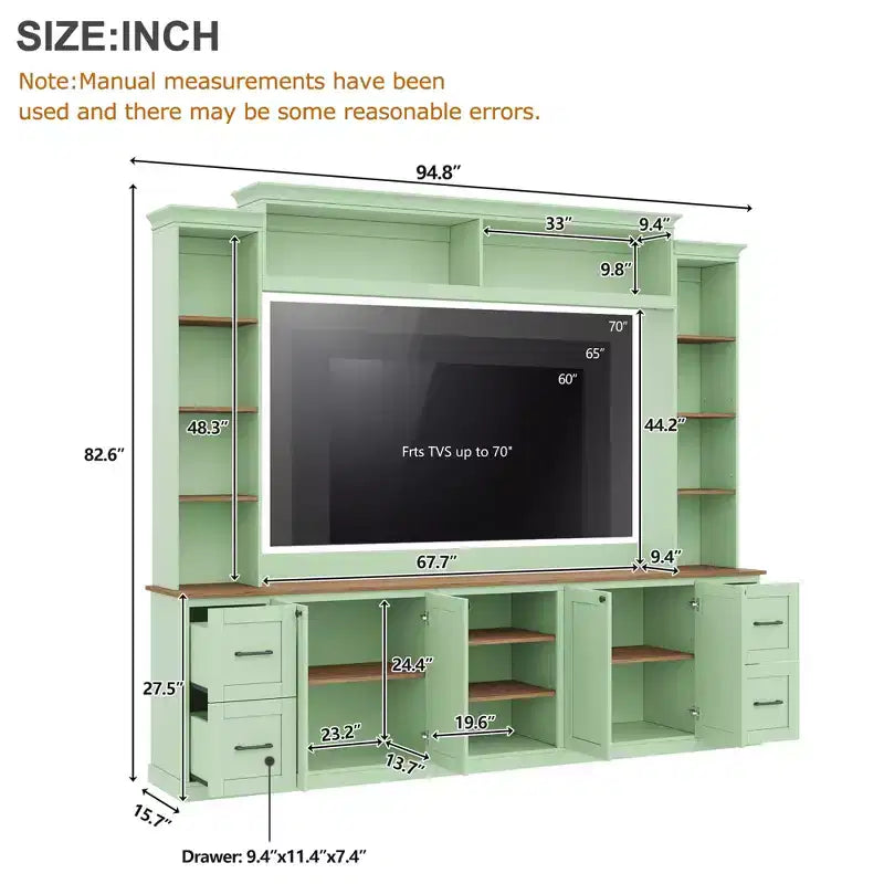 ModernLuxe 4-in-1 Bauernhaus Unterhaltungszentrum Wandregal, passend für Fernseher bis 70 Zoll, TV-Ständer Medienkonsole mit verstellbaren Regalen und Schubladen