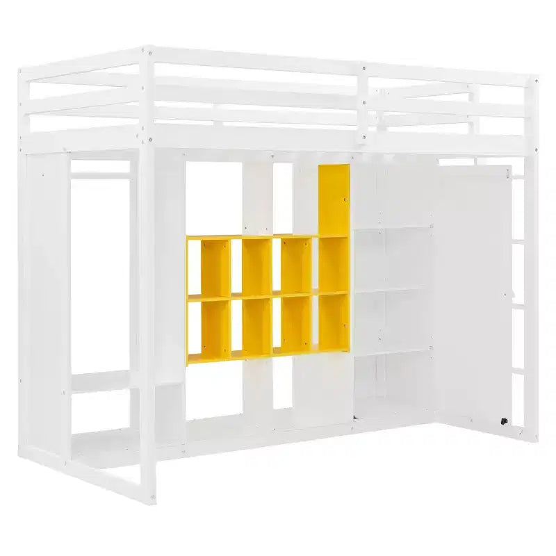 Hochbett für Kinder mit Kleiderschrank und Regalen, Holz-Hochbettgestell mit Aufbewahrungsschrank für Kinder und Jugendliche
