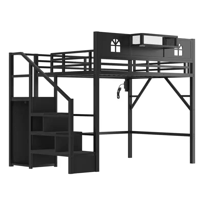 ModernLuxe Hochbett für Full/Queen-Betten mit Treppe und integriertem Kleiderschrank, Metallbettgestell mit LED-Beleuchtung, USB-Ladestation und Ablagefächern