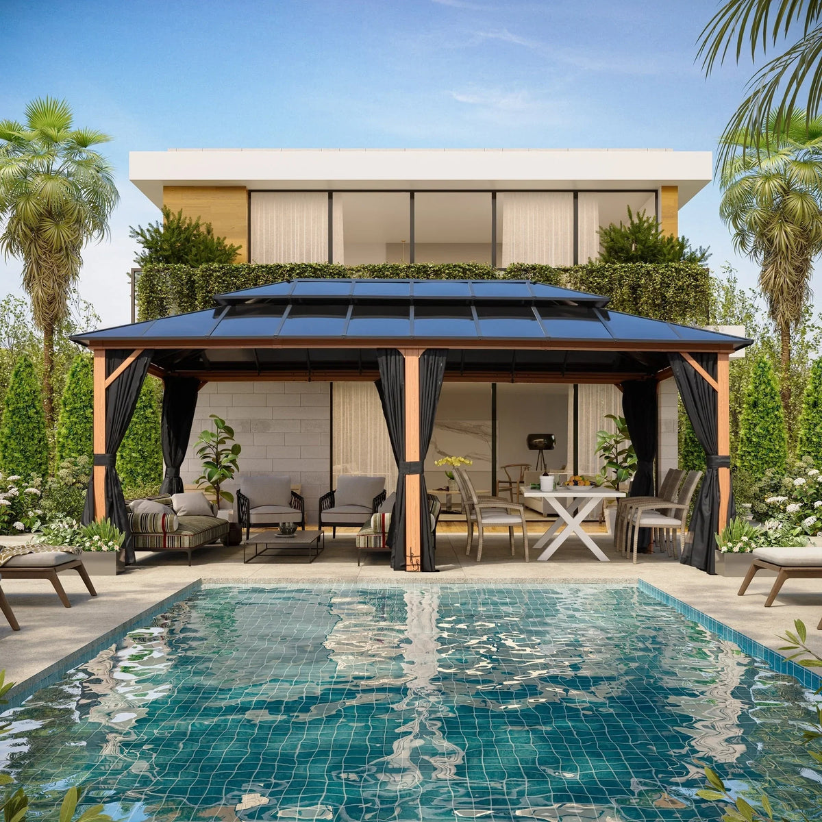 EROMMY Hardtop-Pavillon, Outdoor-Pergola mit Doppeldach & Netzen & Vorhängen, Hochleistungs-Canopy für Terrasse, Garten, Poolparty