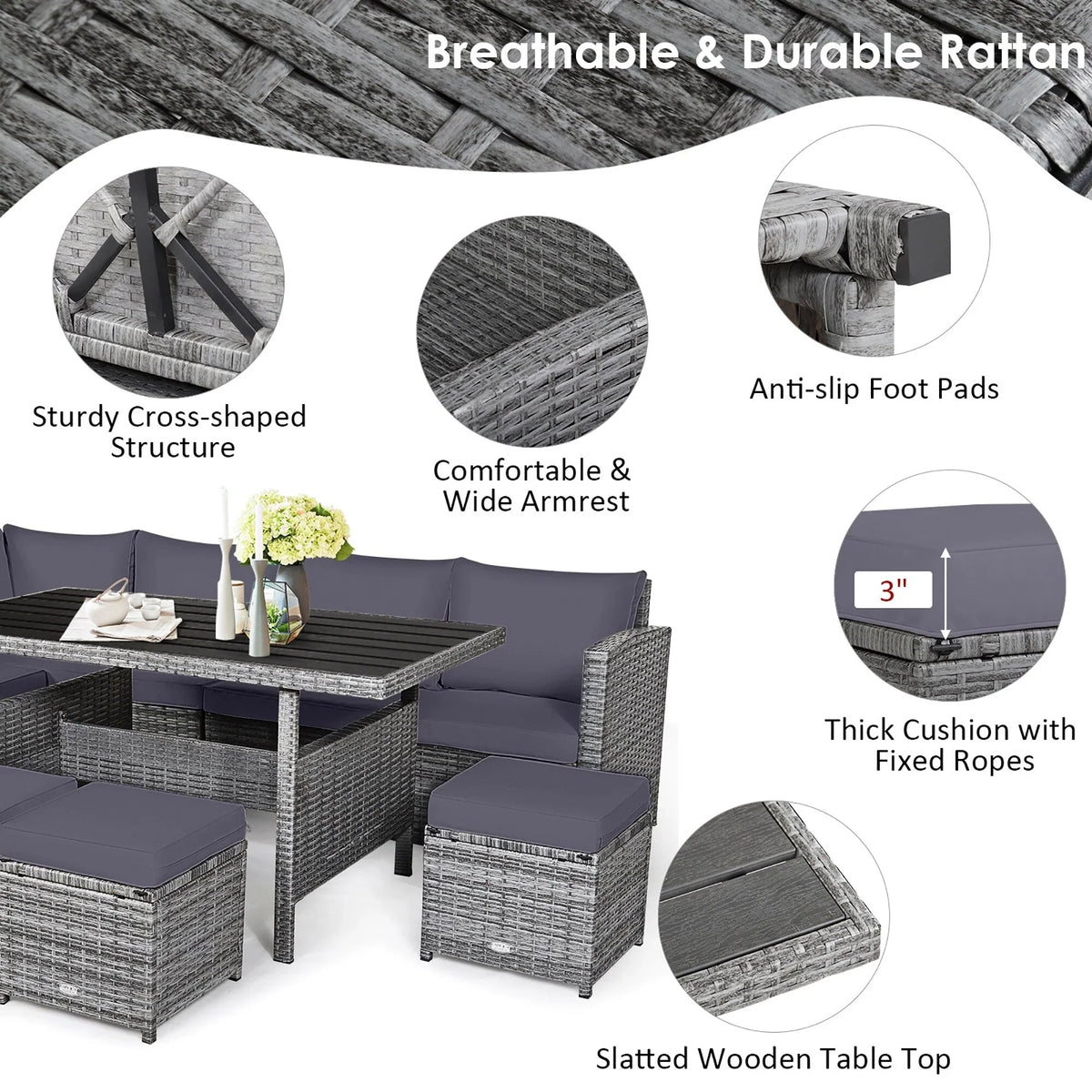Costway 7-teiliges Terrassen-Essgruppe Rattan-Sofa Couch Ottomane – Details ansehen