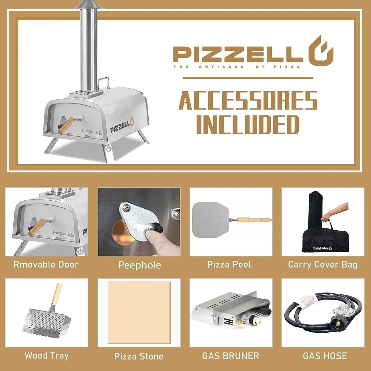 Multi-Brennstoff Outdoor Pizzaofen Steinbackofen mit Gasbrenner & Holzfach - 30 cm