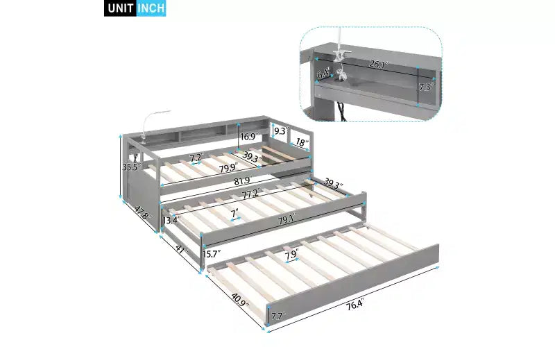 Whisen Twin XL Tagesbett aus Holz mit 2 Ausziehbetten, 3 Staufächern, 1 kostenloser Leuchte und USB-Ladefunktion
