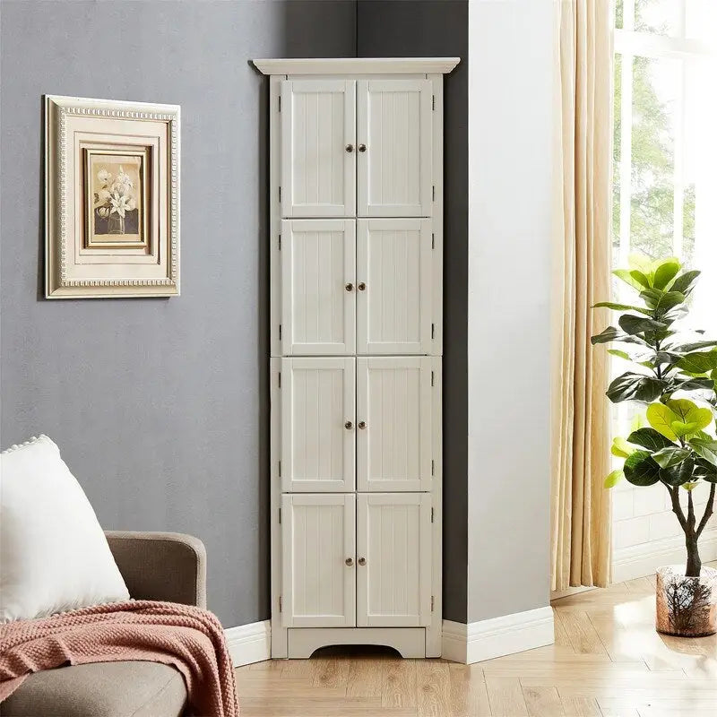 Hoher Eckschrank mit 8 Türen und 4 Einlegeböden