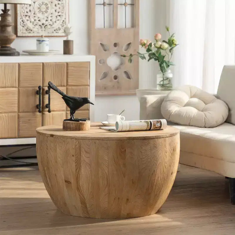 Runder Aufbewahrungs-Couchtisch im Retro-Stil aus Holz, geeignet für Wohnzimmer, Esszimmer oder Büro.