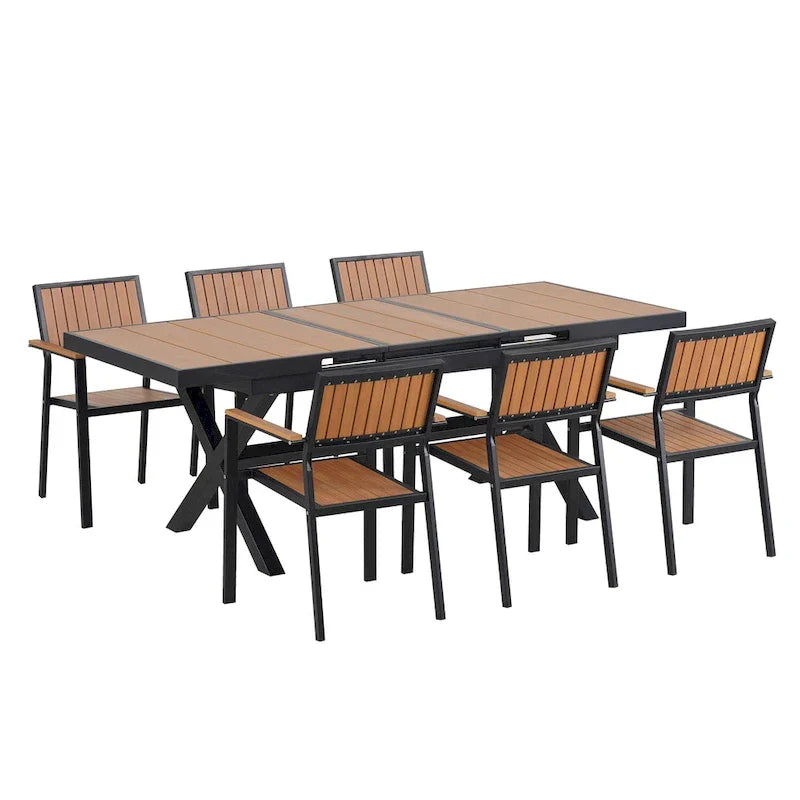 7-teiliges ausziehbares Outdoor-Essgruppe mit Ausziehtisch und 6 Armlehnstühlen