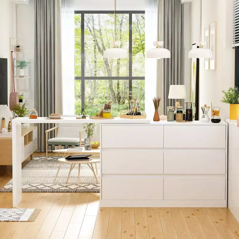 Intelligentes, drehbares/ausziehbares Buffet-Sideboard mit 6 Schubladen, erweiterter Arbeitsplatte, rutschfester Matte, drehbarem Esstisch, Kücheninsel-Vorratskammer