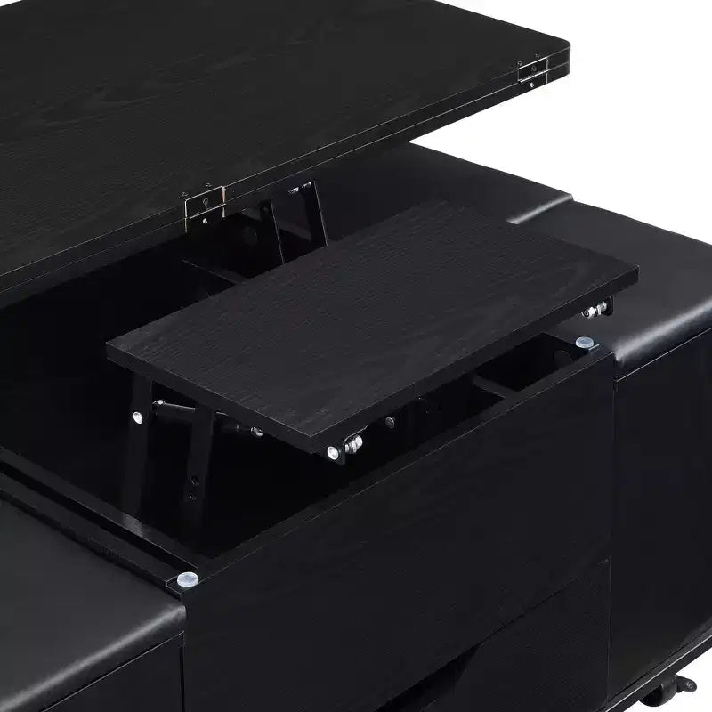 Multifunktionaler moderner Couchtisch mit Hebefunktion, verstecktem Stauraum, 4 Hockern und Rollen, perfekt für moderne Wohnbereiche