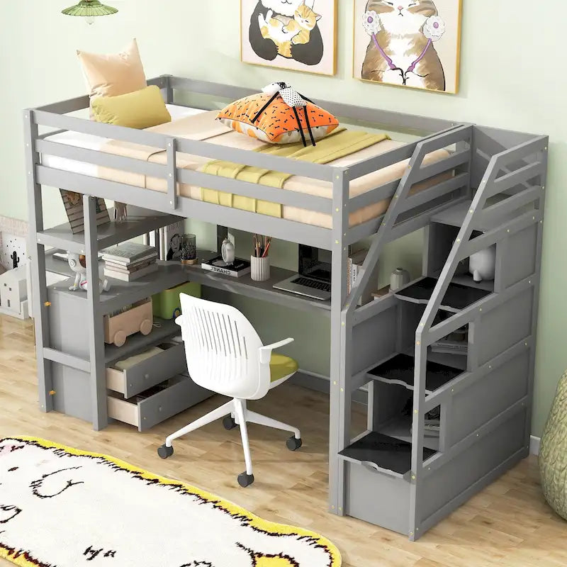 Etagenbett in Zwillingsgröße mit Schreibtisch und Regalen, zwei integrierten Schubladen, Treppe mit Stauraum