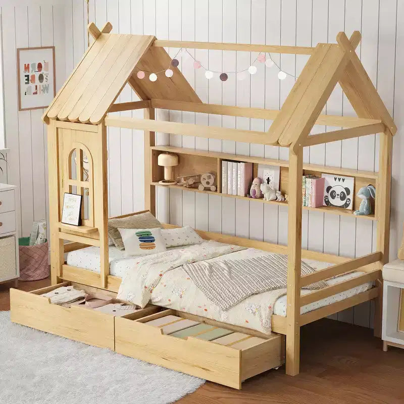 Haus-Plattformbett mit Aufbewahrungsschubladen und Fenster, Massivholzrahmen mit Regalen, kindgerechtes, lustiges Design, Hellweiß
