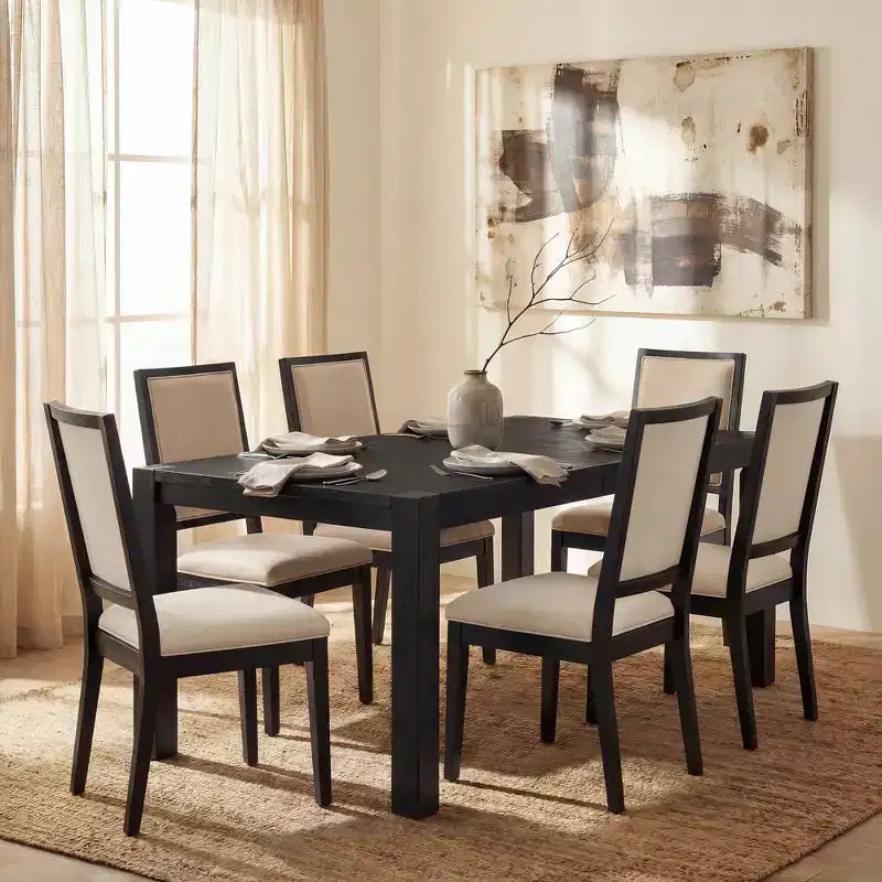 Modernes Esszimmer-Set – 80 Tisch + 6 gepolsterte Stühle, Massivholzrahmen, 180 kg Tischbelastbarkeit, einfache Montage