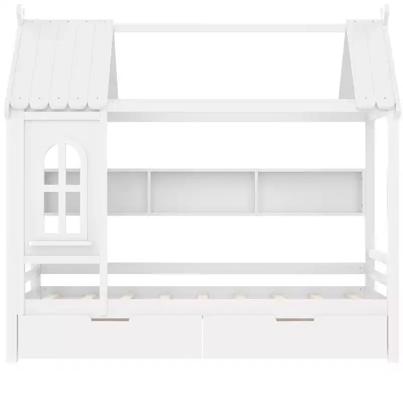 Haus-Plattformbett mit Aufbewahrungsschubladen und Fenster, Massivholzrahmen mit Regalen, kindgerechtes, lustiges Design, Hellweiß
