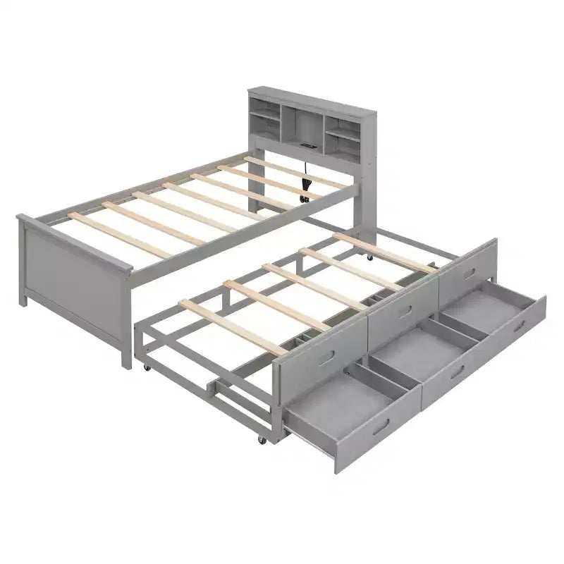 Plattformbett mit Rollbett und Schubladen, Stauraumbett mit USB-Anschluss, Holzbett mit Bücherregal