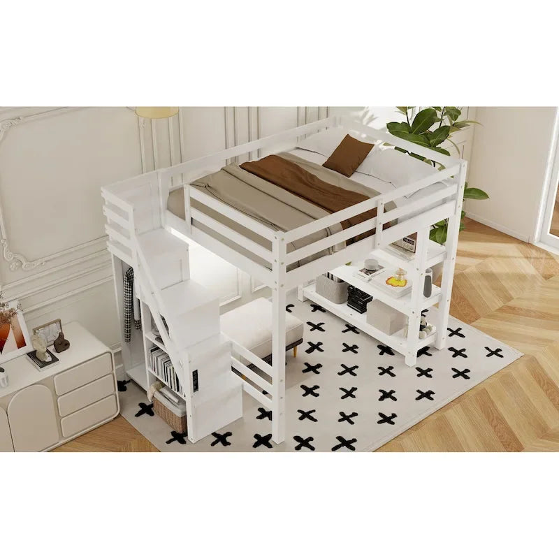 Hochbett mit Stauraumtreppe (Einzel-/Doppelbett) – Regale, Kleiderschrank & LED-Beleuchtung, platzsparendes Design