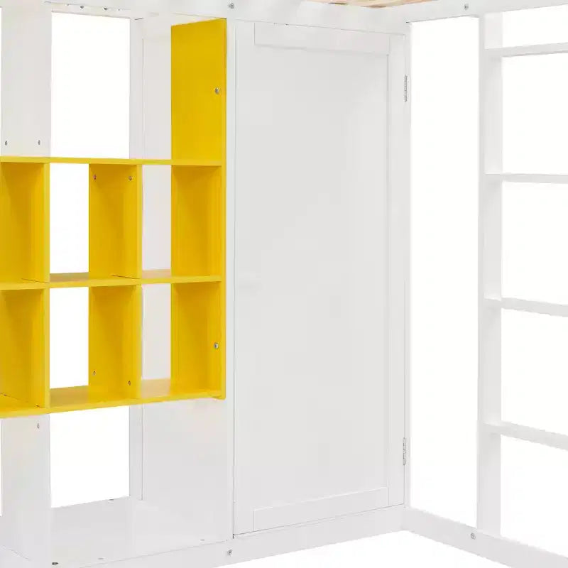 Hochbett für Kinder mit Kleiderschrank und Regalen, Holz-Hochbettgestell mit Aufbewahrungsschrank für Kinder und Jugendliche