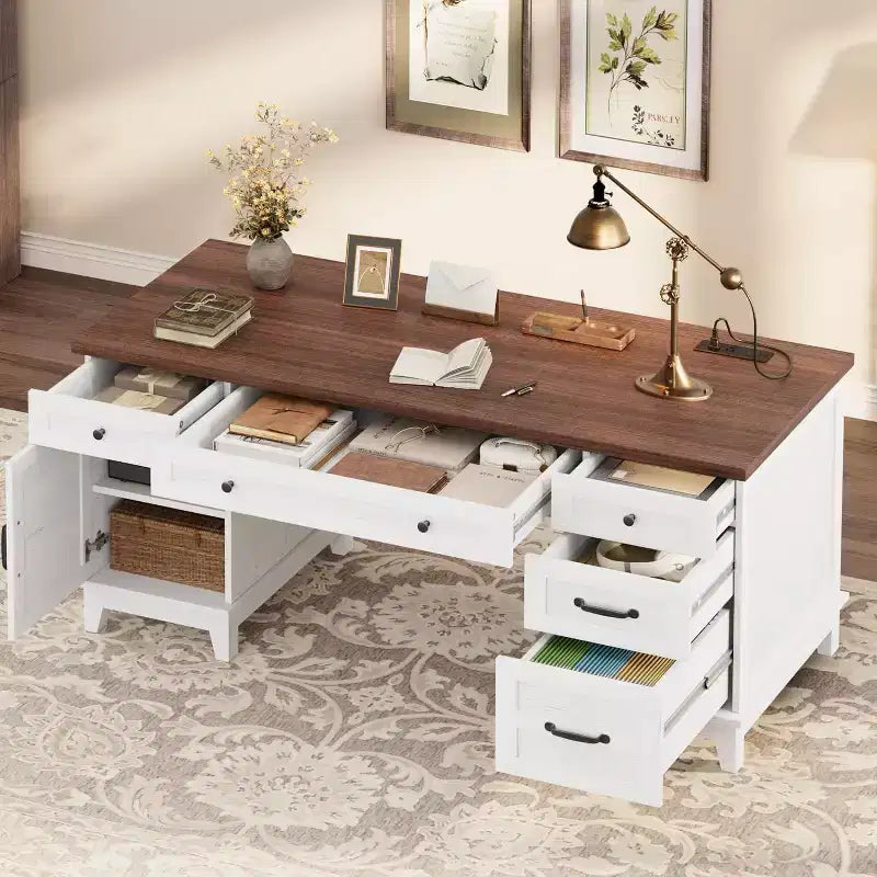 60 Executive Schreibtisch mit Schubladen, Home Office Schreibtisch mit Ladestation, Computer-Schreibtisch aus Holz für Arbeitszimmer, Konferenztisch für Wohnzimmer