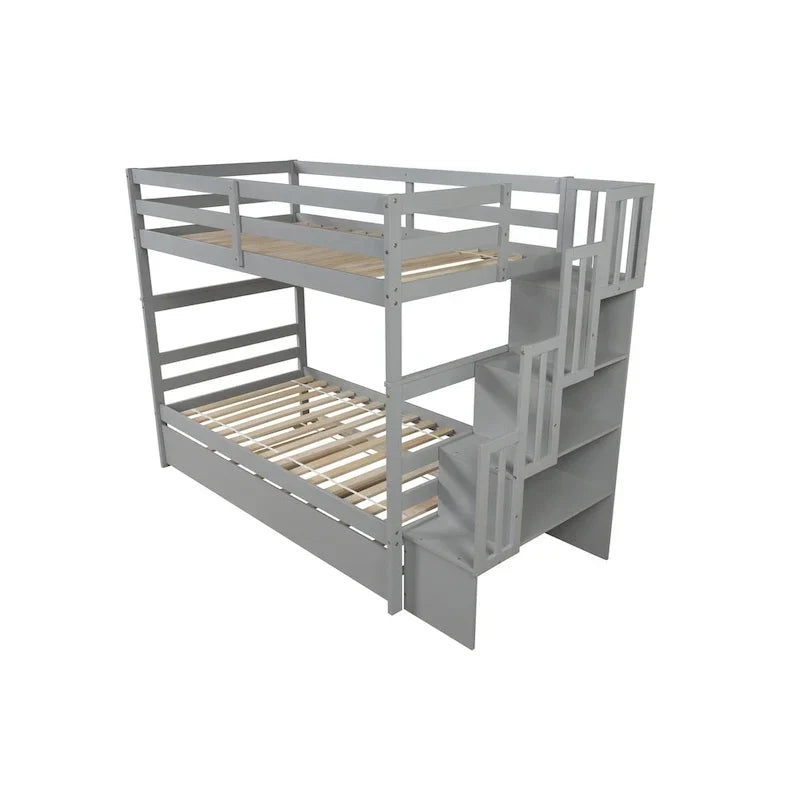 Etagenbett (Twin über Twin) mit ausziehbarem Bett und Treppe mit Stauraum in Grau