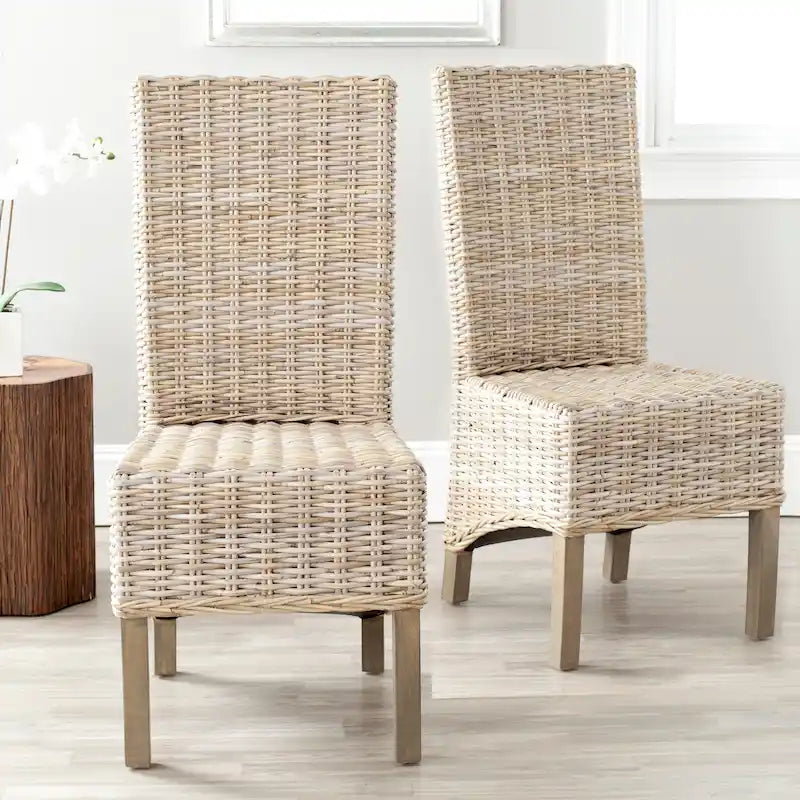 2er-Set Esszimmerstühle aus natürlichem Korbgeflecht 48B x 56T x 104H cm, Boho Coastal Stil