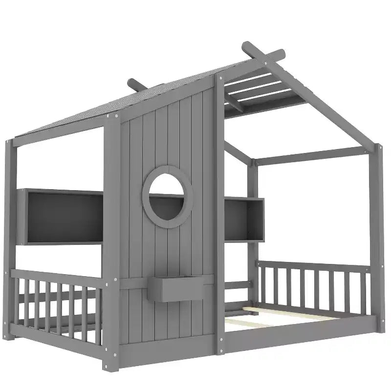 Twin/Full Size Hausbett Plattform-Bettrahmen Kleinkind-Bodenbett Kinder Montessori Bett Spielhausbett mit Ablagefach – ModernLuxe