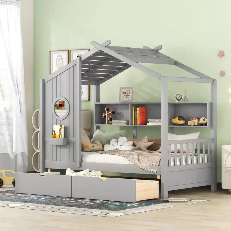 Hausbett aus Holz in Twin-/Full-Size mit 2 Schubladen, Kinderbett mit Ablageregal - ModernLuxe