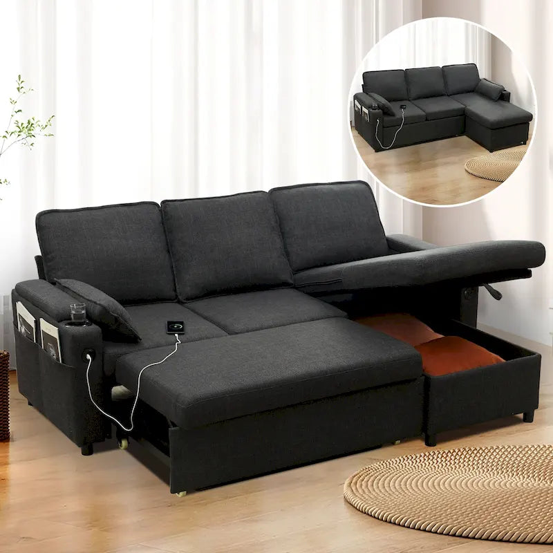 80 L-förmiges Schlafsofa, Sofabett mit Ausziehbett, umwandelbares Schlafsofa