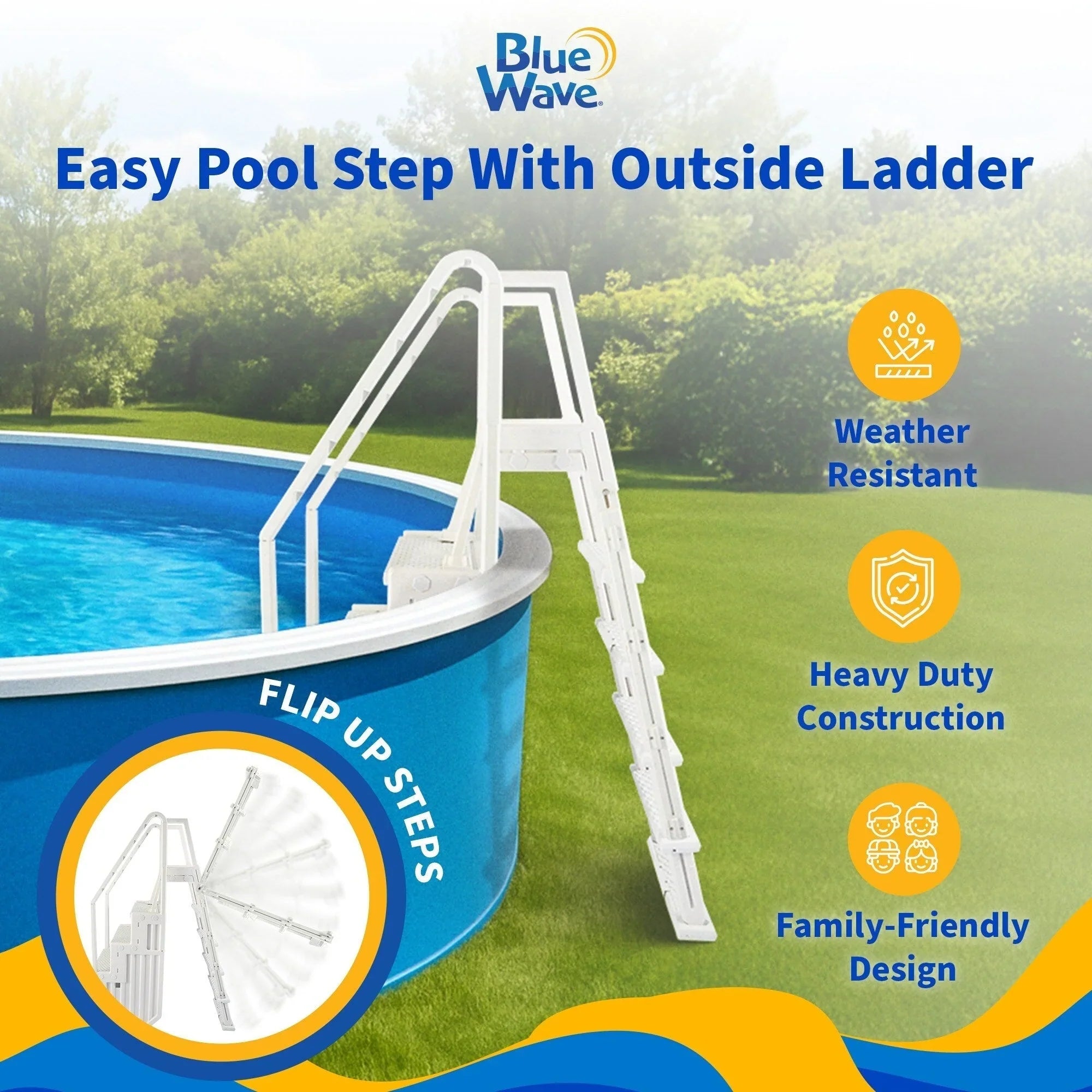 Blue Wave Easy Pooltreppe mit Außenleiter für Aufstellpools – 82,55 cm B x 142,24 cm T x 205,74 cm H