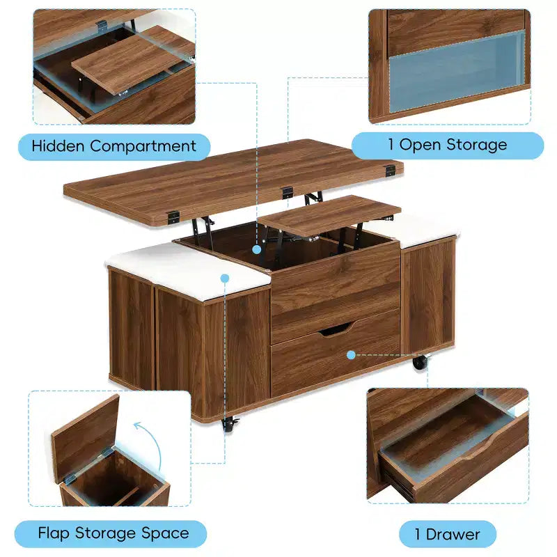 Multifunktionaler moderner Couchtisch mit Hebefunktion, verstecktem Stauraum, 4 Hockern und Rollen, perfekt für moderne Wohnbereiche