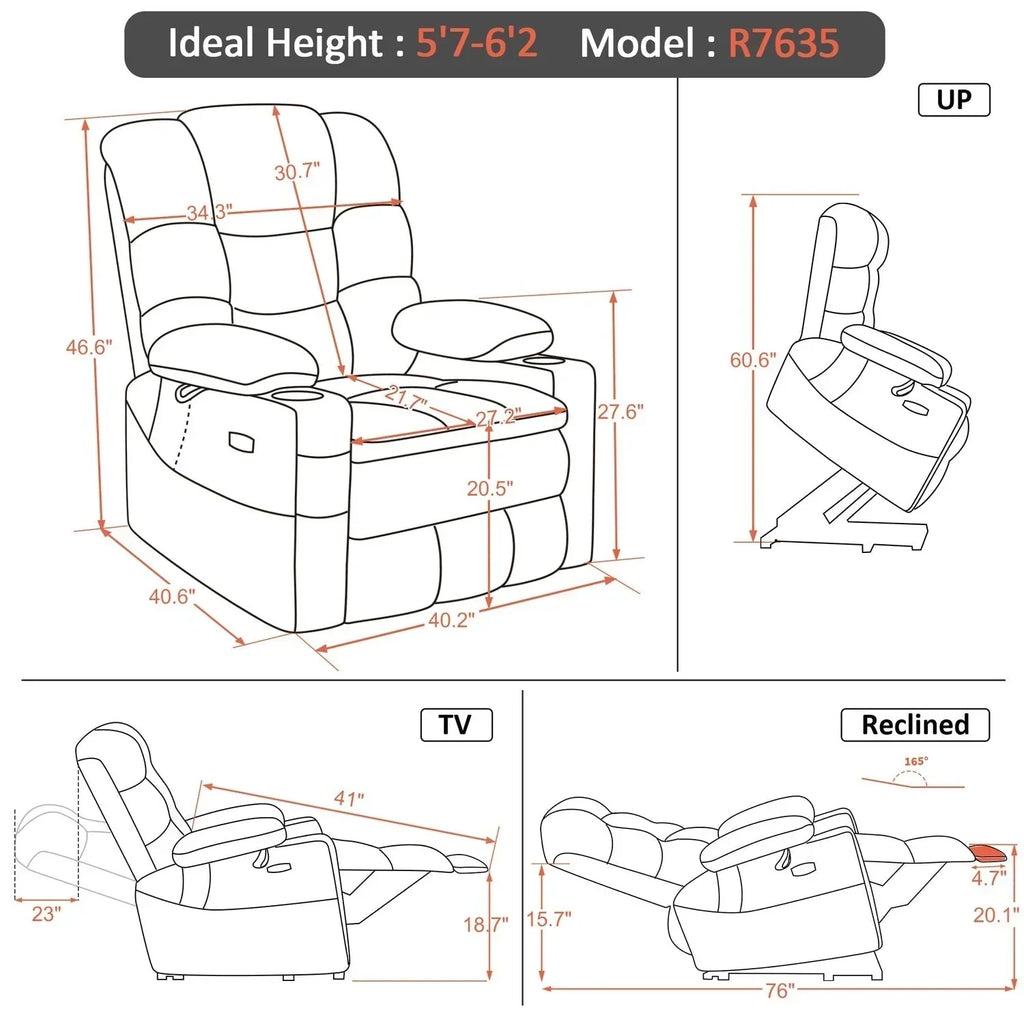 MCombo Großer, breiter Power-Lift-Liegesessel mit zwei Motoren, Massage und dualer Heizung für große und korpulente Senioren, Stoff R7635