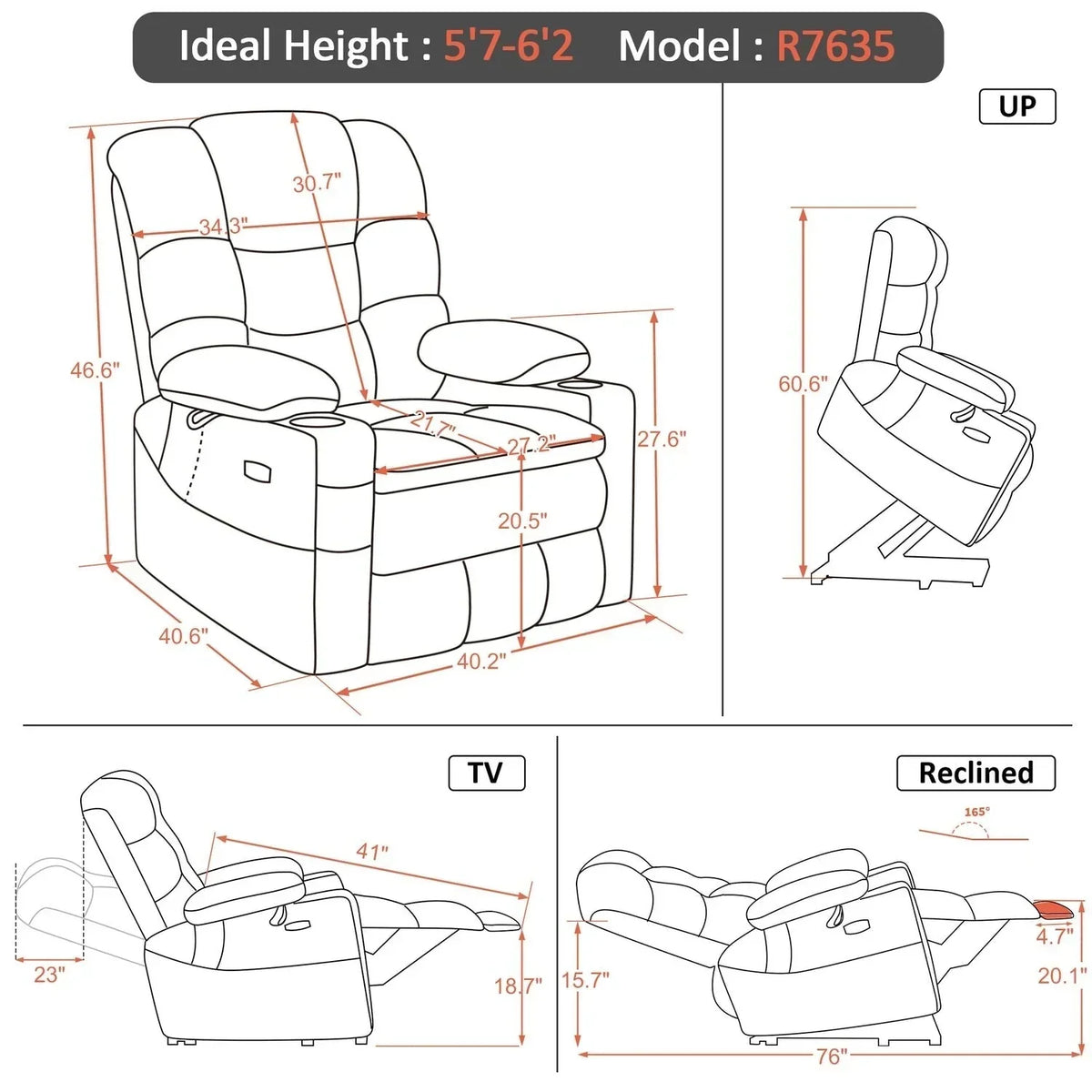 MCombo Großer, breiter Power-Lift-Liegesessel mit zwei Motoren, Massage und dualer Heizung für große und korpulente Senioren, Stoff R7635