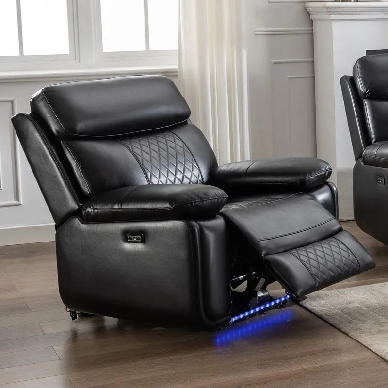 Elektrisches Liegesofa mit kabelloser Ladestation, Leselampe, LED-Beleuchtung für Wohnzimmer, Kunstleder, AC-/USB-Anschluss, Getränkehalter, Schwarz