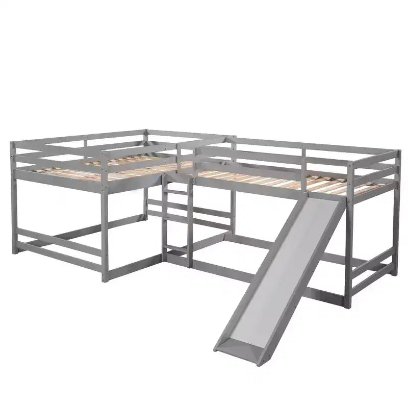 L-förmiges Etagenbett für 4 Kinder, Vierfach-Etagenbett mit Rutsche, Voll- und Twin-Holzrahmen für Schlafzimmer/Wohnheim
