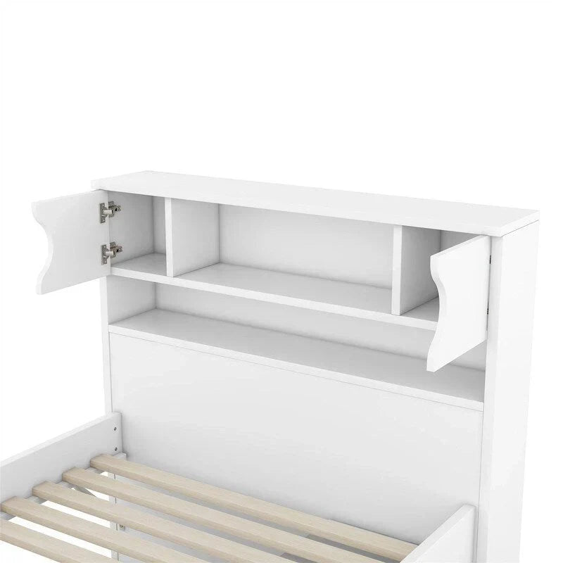 Doppel-/Full Size Captains-Plattformbett mit 4 Schubladen und Ablageflächen, Massivholz-Bettrahmen mit Stauraum-Bücherregal-Kopfteil
