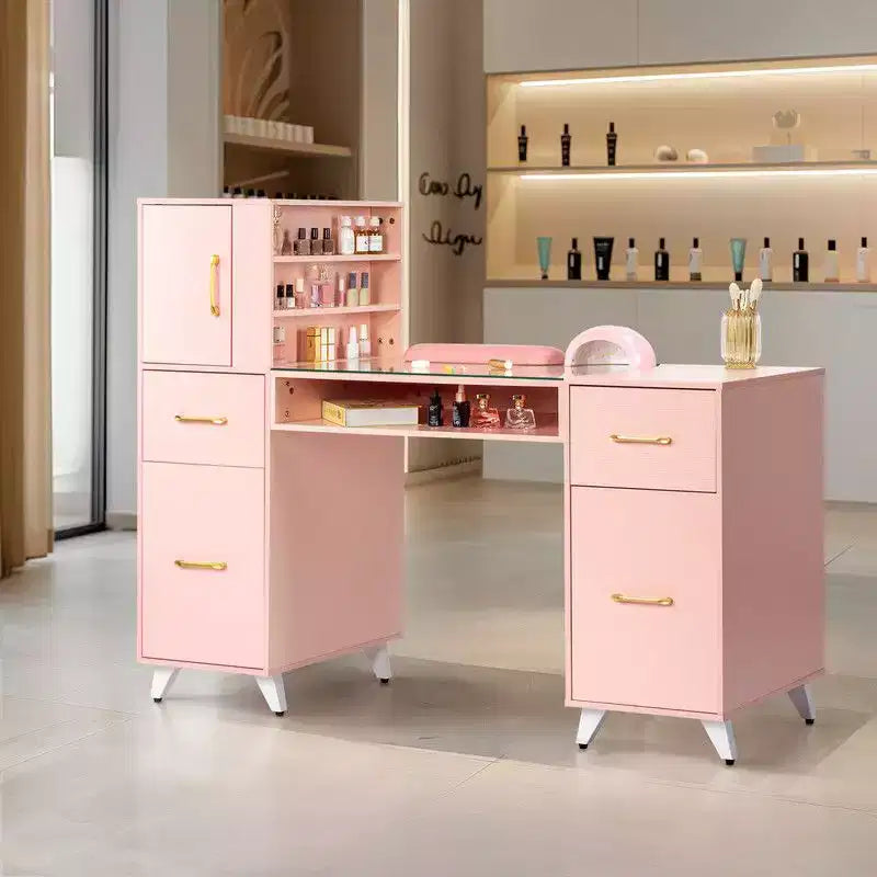 Schwarz/Pink Moderner Maniküre-Nageltisch mit Glasplatte & Handauflage, Einzelplatz